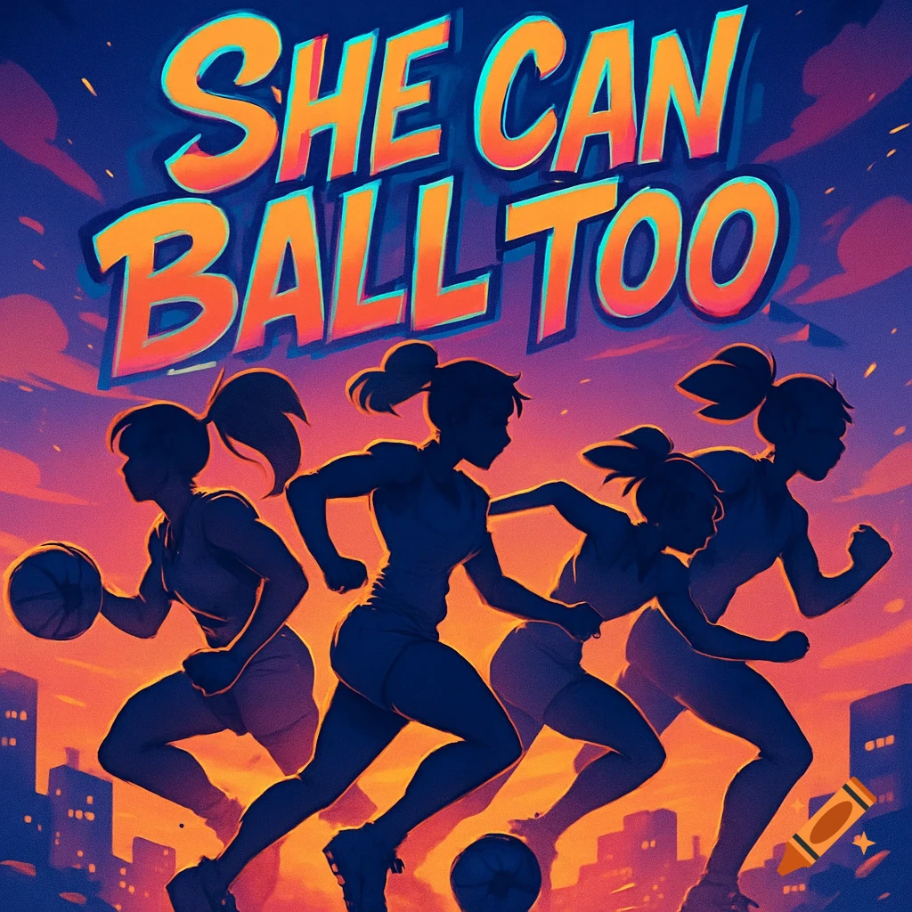 Anime-style silhouettes of female basketball players and a cityscape at sunset with text 'SHE CAN BALL TOO'.
