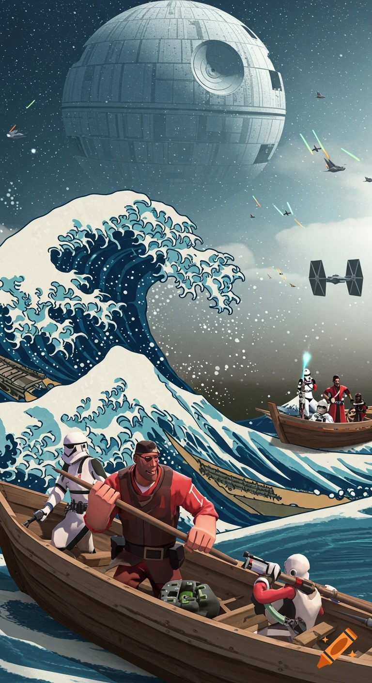 Team Fortress 2 and Star Wars characters in boats on a large wave, with the Death Star and spaceships in the sky.