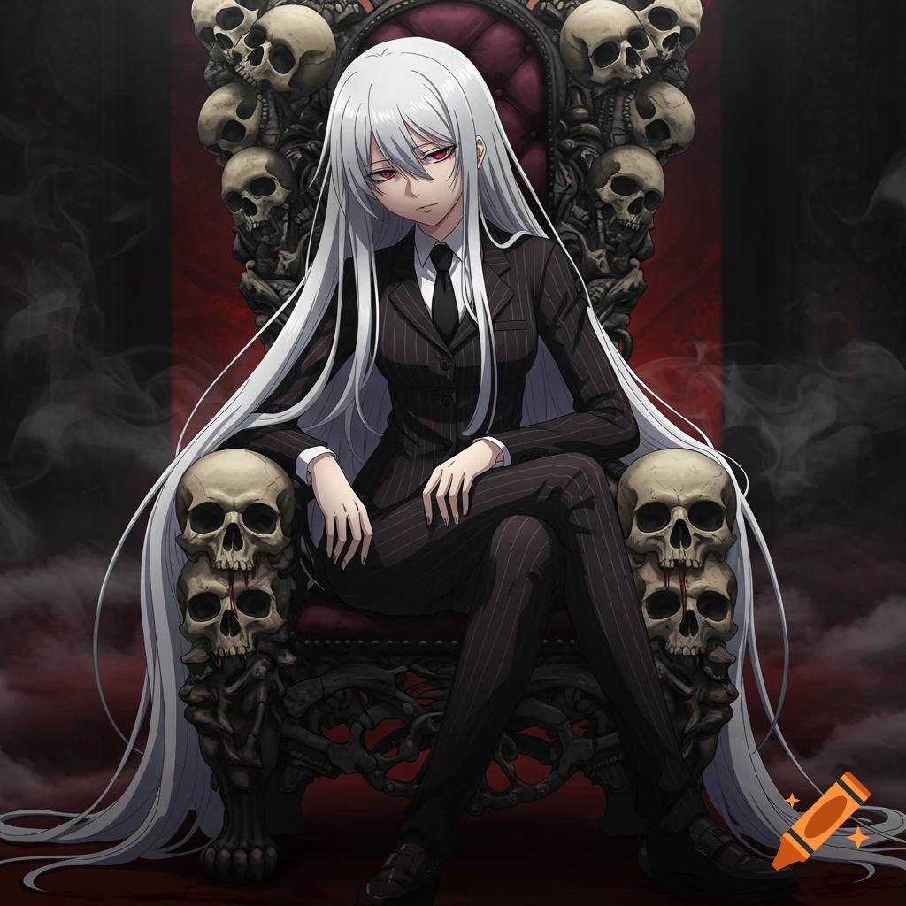 An anime girl with long white hair and red eyes, wearing a black pinstripe suit, sits on a throne decorated with skulls.