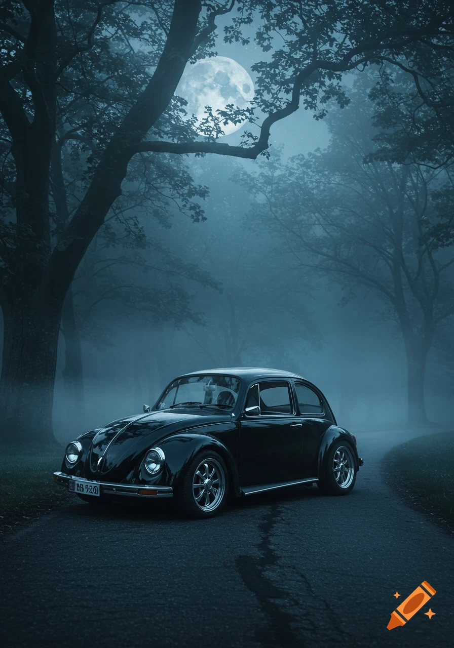 A black vintage Volkswagen Beetle sits on a foggy forest road under a large full moon at night, creating a mysterious atmosphere.
