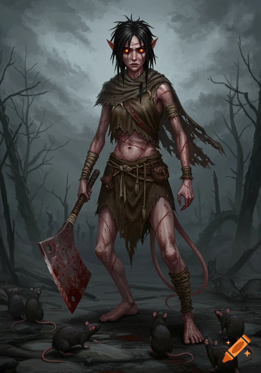 A gaunt, scarred beastkin woman with glowing eyes holds a bloody cleaver amidst rats in a desolate, dead forest. Dark fantasy art style.