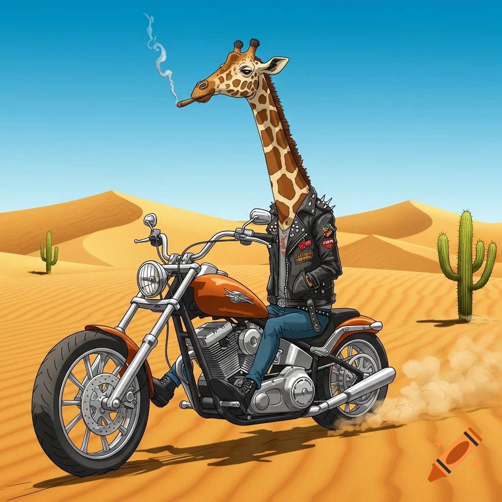 A cartoon giraffe wearing a leather biker jacket and smoking a cigar rides a motorcycle through a sunny desert with sand dunes and cacti.