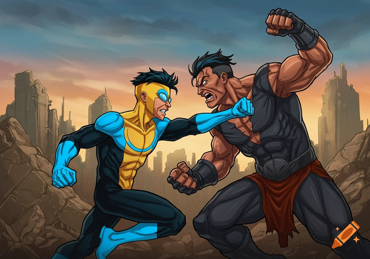 Comic book illustration of Invincible and Conquest fighting in a destroyed city landscape.