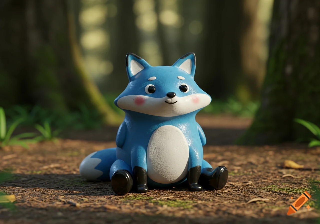 A cute blue clay fox with no arms and black shoes sits on dirt in a forest.