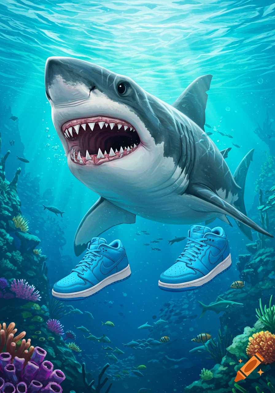 A vibrant illustration of a great white shark with its mouth open, swimming in a blue ocean with two bright blue Nike shoes floating below it near a colorful coral reef.