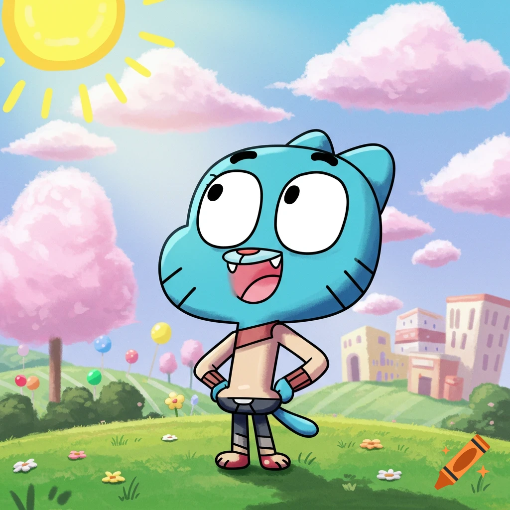 Gumball Watterson from The Amazing World of Gumball cartoon stands on a green hill under a sunny sky with pink clouds.