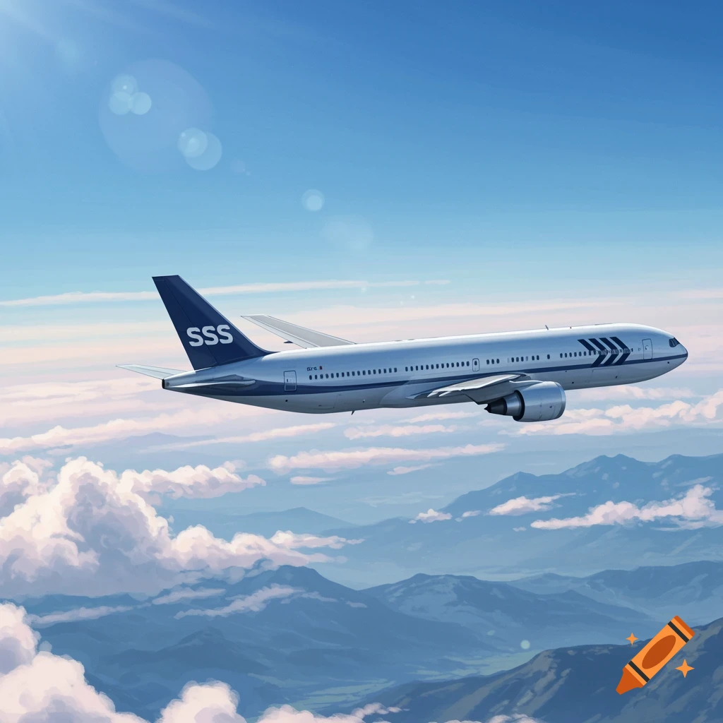 A white and blue passenger airplane with 'SSS' on its tail flies through a blue sky above misty mountains and clouds, with sun glare visible.