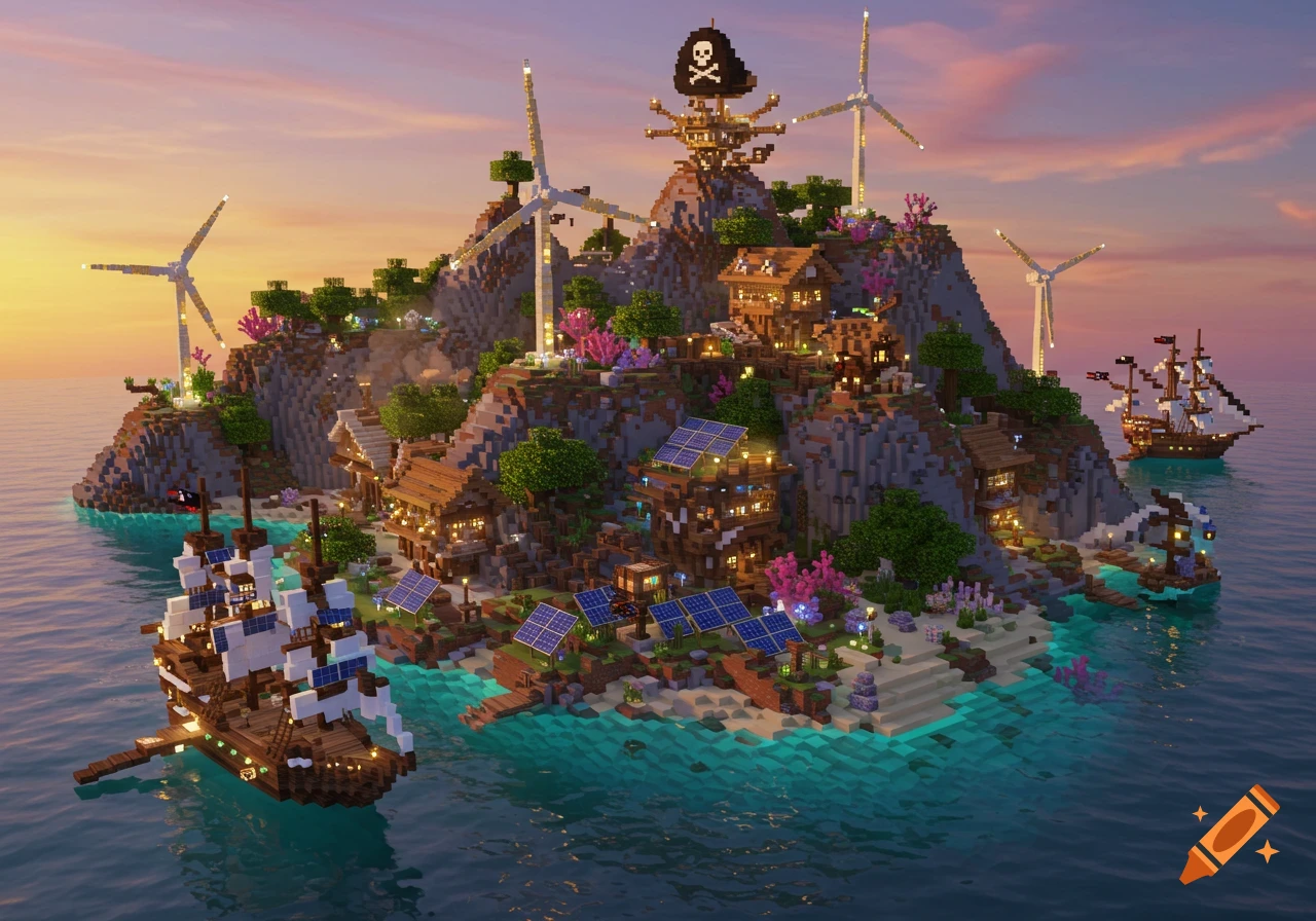 A Minecraft-style mountainous pirate island with solar panels, windmills, and wooden houses, surrounded by ships at sunset.