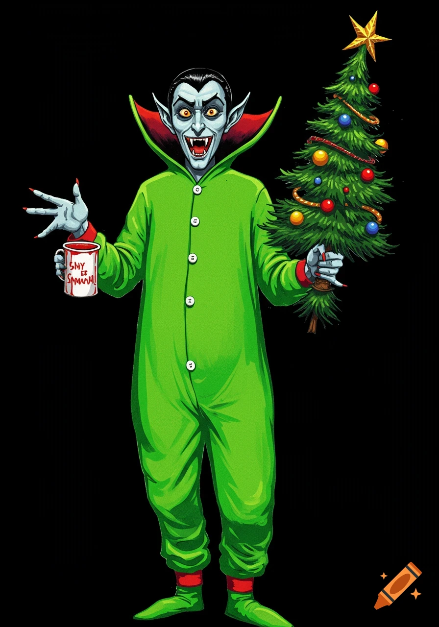 A stylized vampire in a bright green Grinch-like onesie holds a decorated Christmas tree and a mug with red liquid.