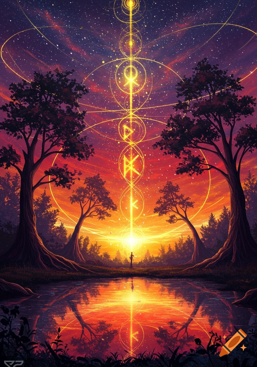 A vibrant spiritual landscape at sunset with glowing golden symbols reflecting in water, flanked by large trees.