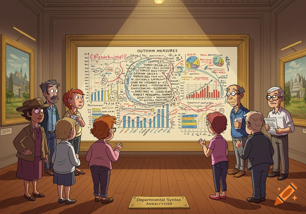 A diverse group of cartoon people in an art gallery looking at a large framed board filled with charts and graphs, displayed as an art piece.