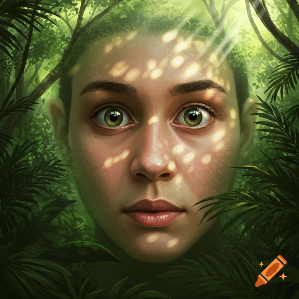 Close-up digital painting of a person's face with large green eyes, peering through dense jungle foliage, dappled with sunlight.