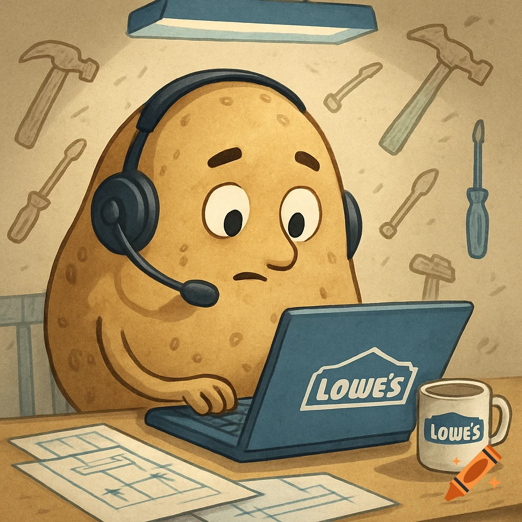 A cartoon potato character wearing a headset, intently working on a laptop with the Lowe's logo on its screen and a Lowe's mug beside it. Tools float in the background.