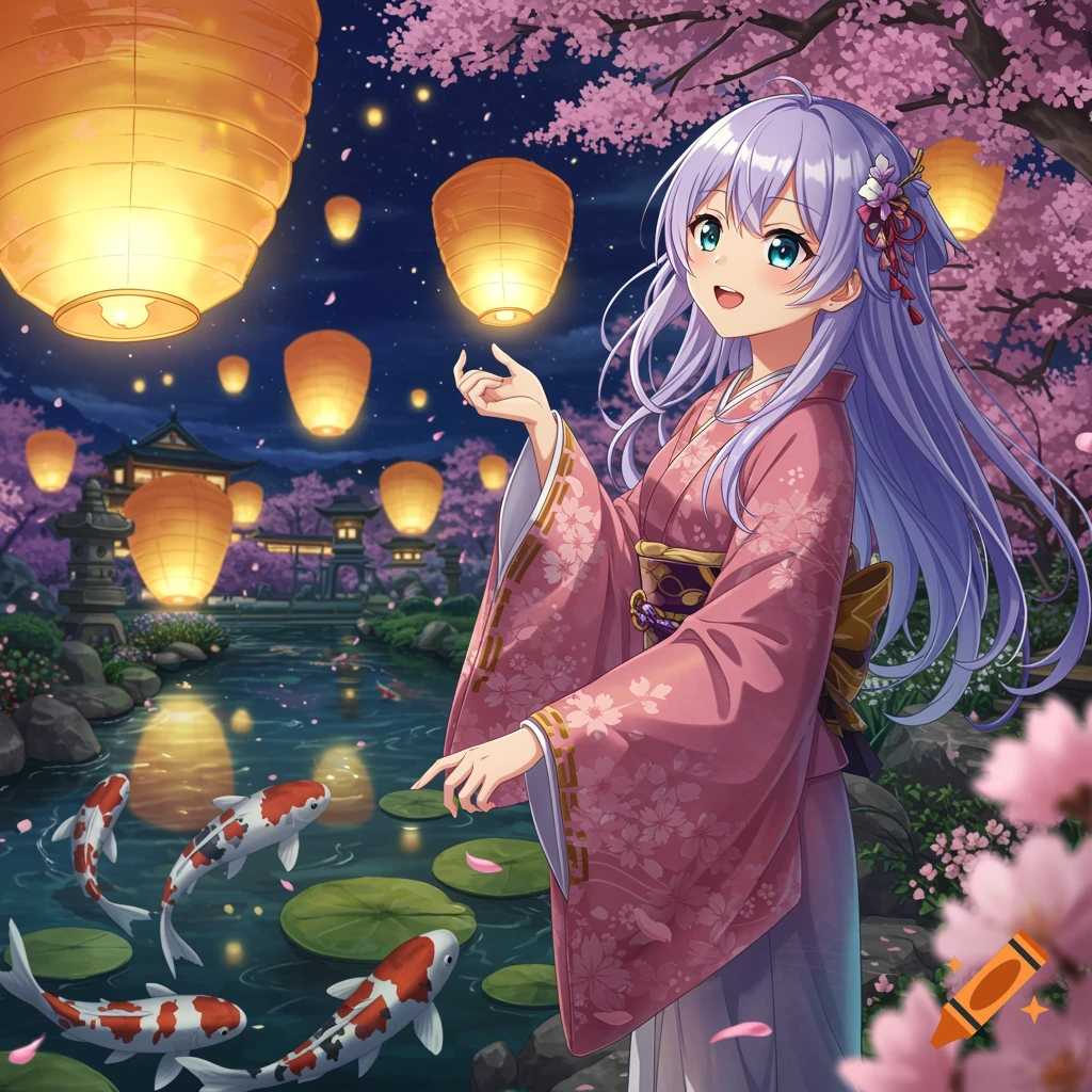 An anime girl in a pink kimono stands in a Japanese garden at night, surrounded by glowing lanterns, cherry blossoms, and koi fish in a pond.