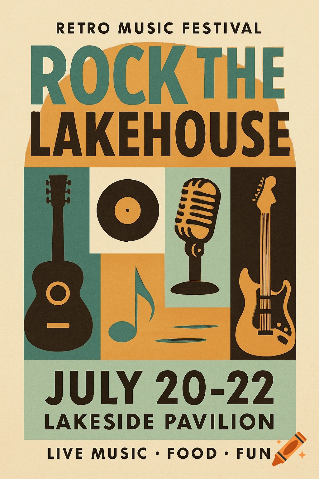 A retro-style poster for the 'Rock The Lakehouse' music festival featuring guitars, a record, microphone, and text in teal, orange, and black.