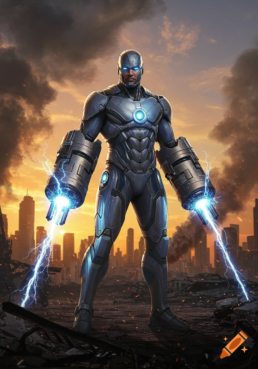 A powerful superhero in a blue and grey armored suit with arm cannons emitting lightning stands in a ruined city.