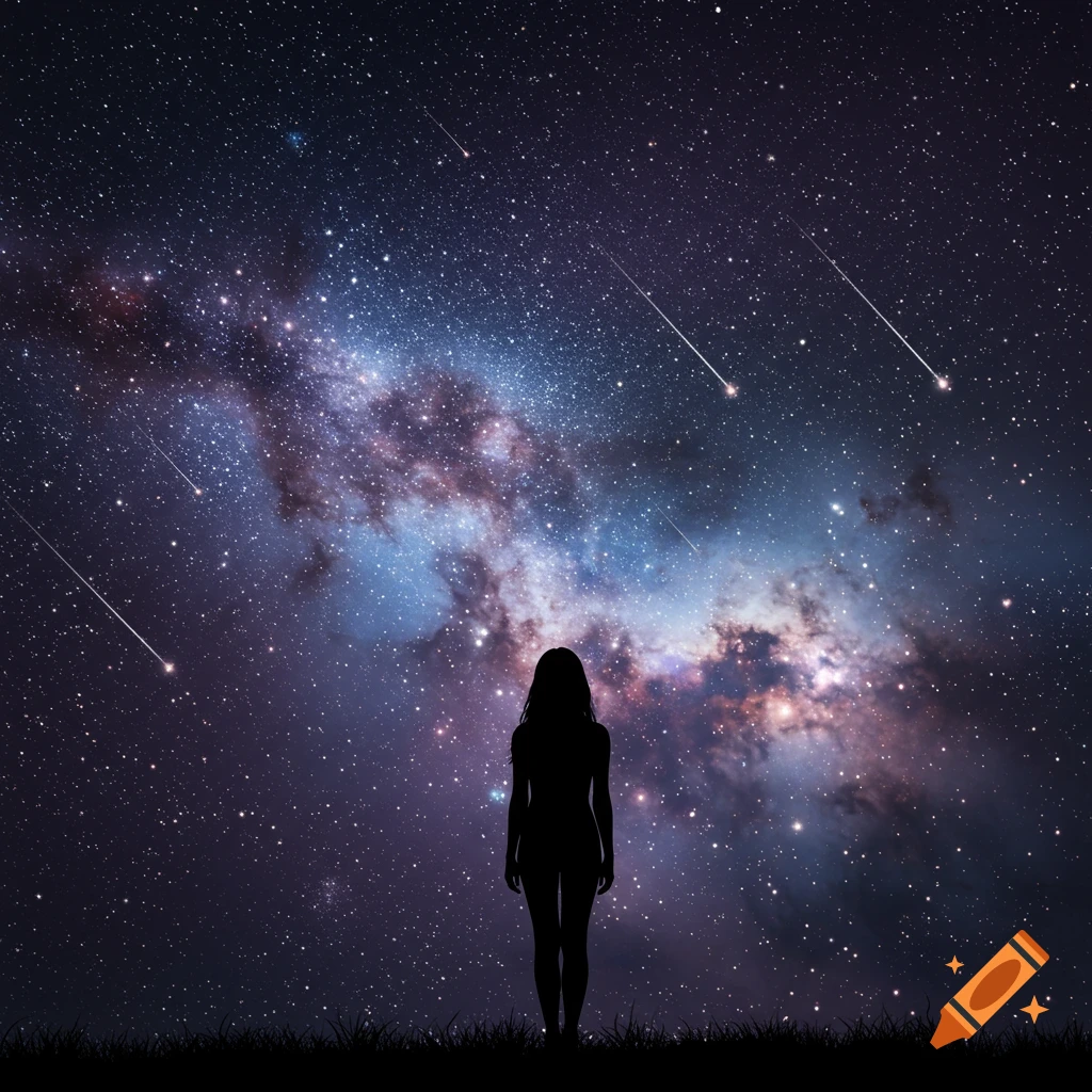 Silhouette of a woman standing on a grassy hill, gazing up at a vibrant Milky Way galaxy filled with countless stars and streaks of shooting stars.