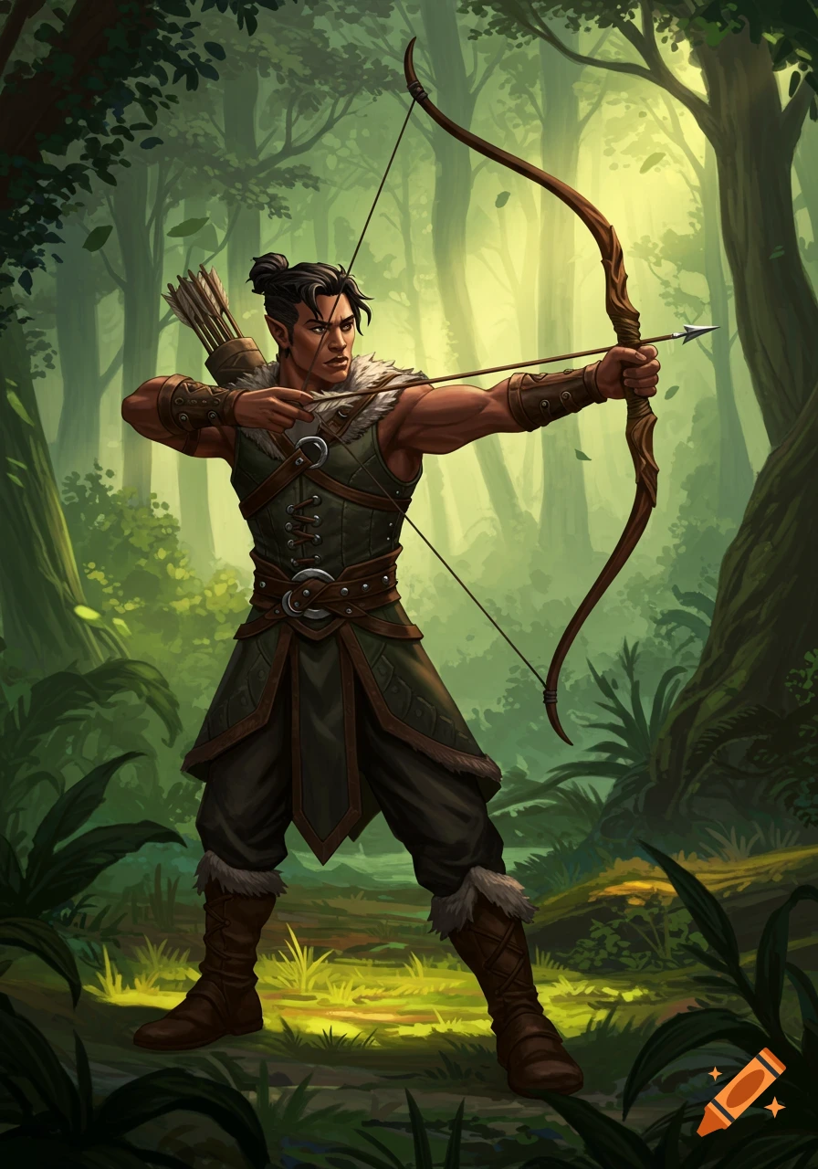 A male archer with pointed ears aiming a bow and arrow in a lush green forest, digital art.