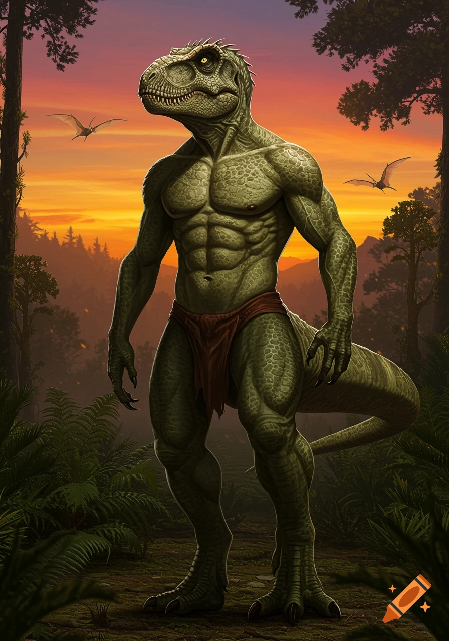 A muscular, humanoid T-rex stands in a lush prehistoric jungle at sunset with pterodactyls flying overhead.