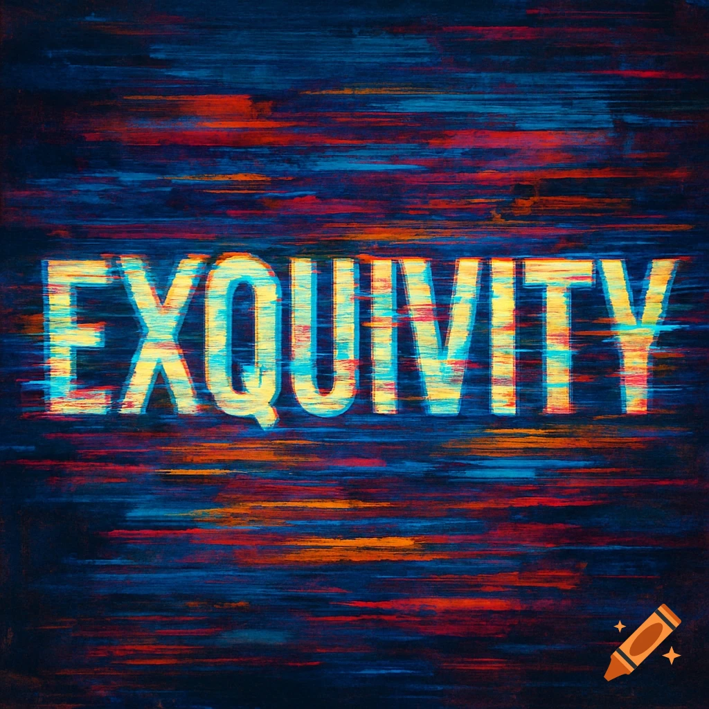 The word EXQUIVITY rendered in bright yellow and cyan with a digital glitch effect, over a dark background with horizontal streaks of red, orange, and blue.