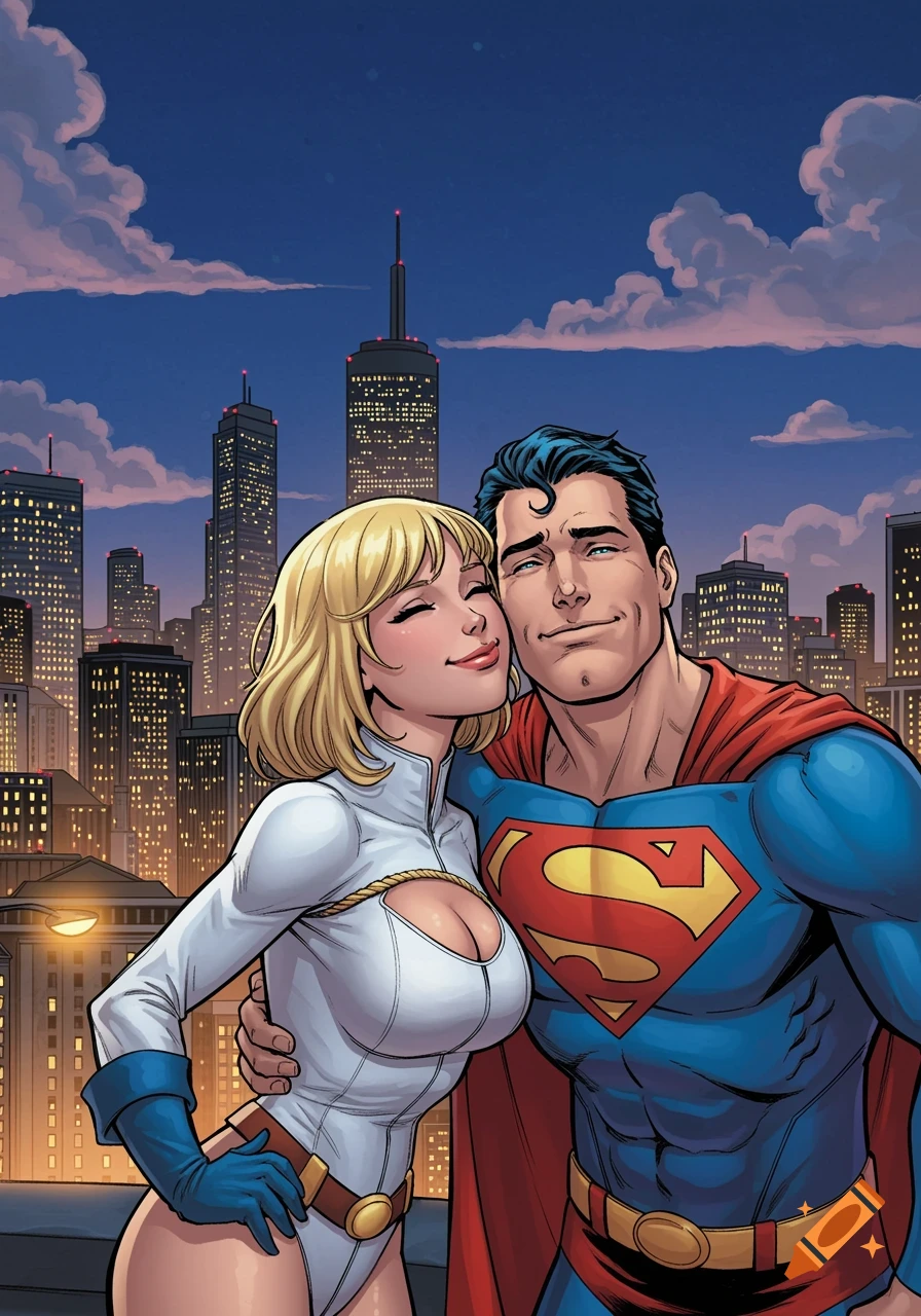 Superman and Power Girl embrace on a city rooftop at night, comic art style.