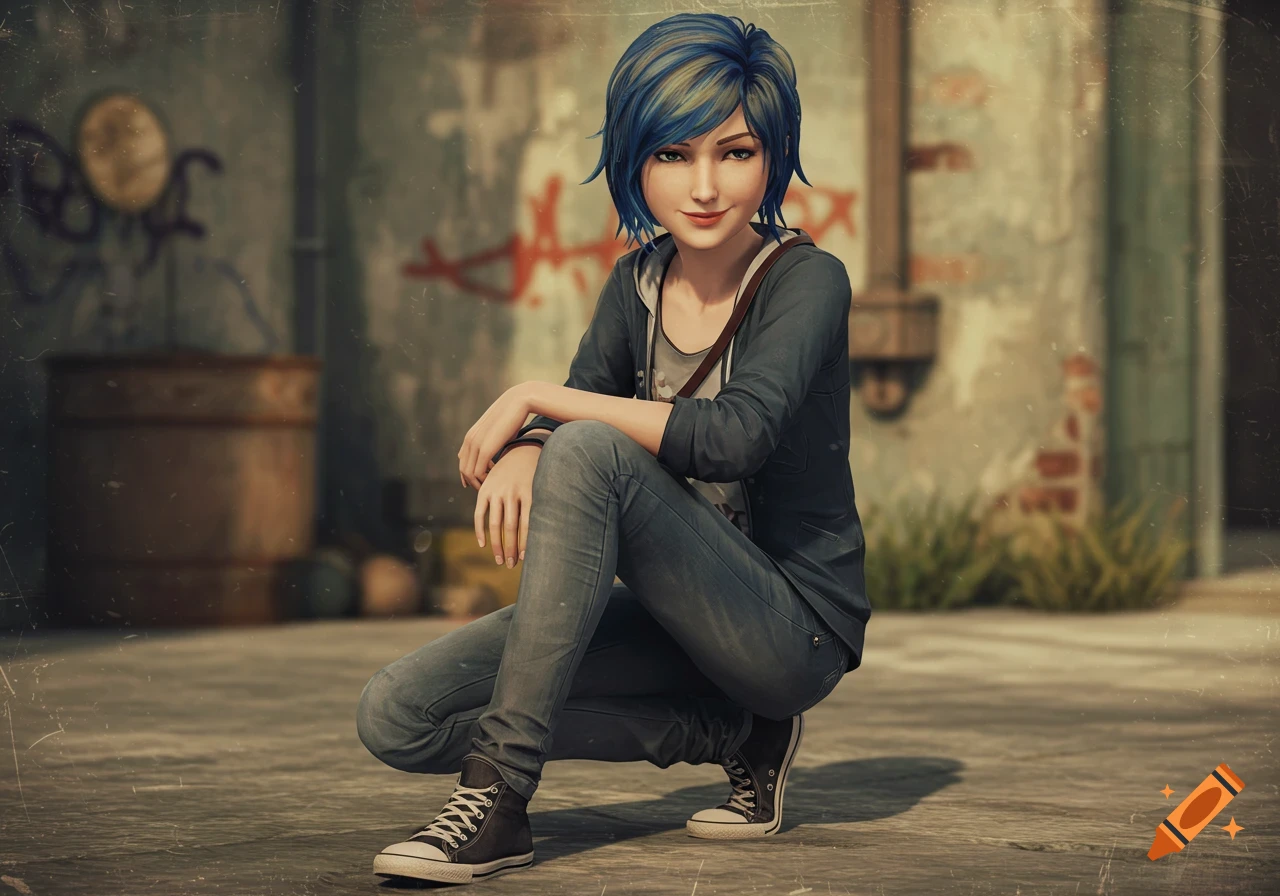 A stylized 3D render of a young woman with blue hair, wearing a grey hoodie and jeans, crouching in an urban alley with graffiti.