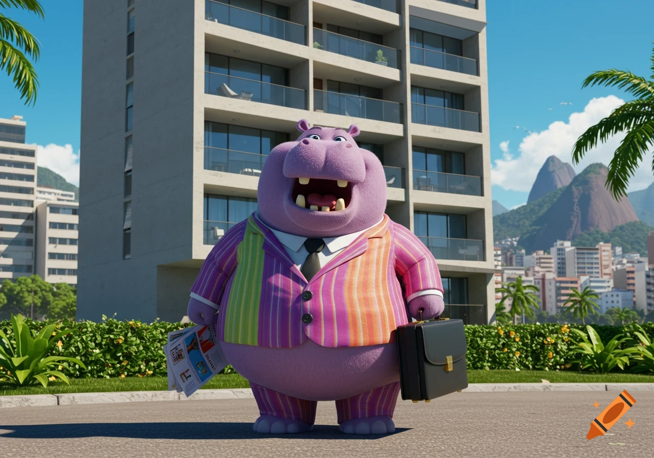 A fluffy purple hippo in a colorful striped suit holds a briefcase and papers, standing in front of an apartment building in Rio de Janeiro.