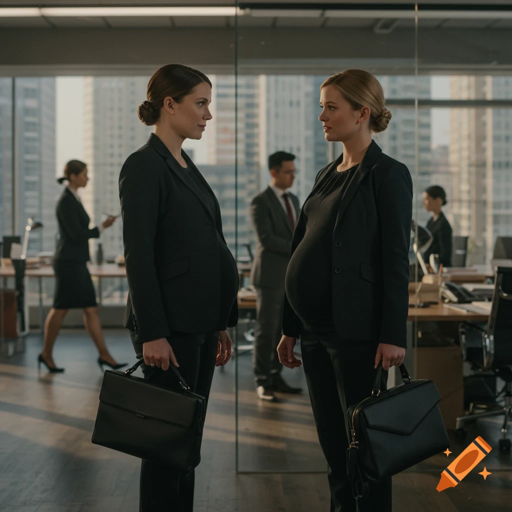Two pregnant women in dark business suits stand in a modern office, looking at each other. Colleagues work in the background with a city view.