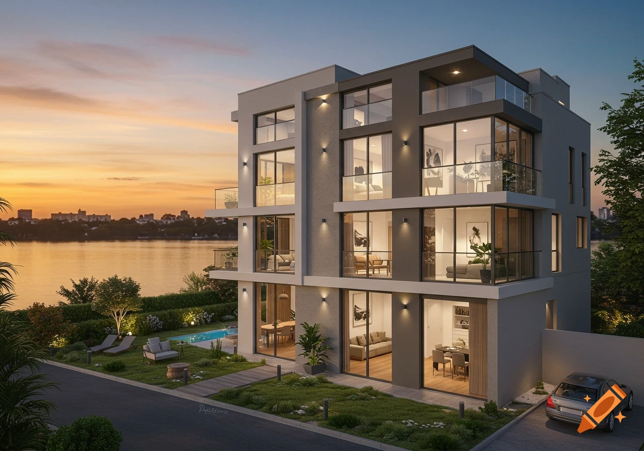 Photorealistic rendering of a modern condo building with a pool and car, overlooking a lake at sunset.