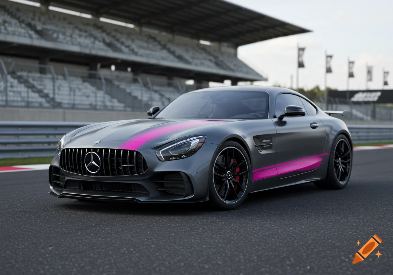 A gray Mercedes AMG GT sports car with pink racing stripes parked on a race track, with grandstands in the background.