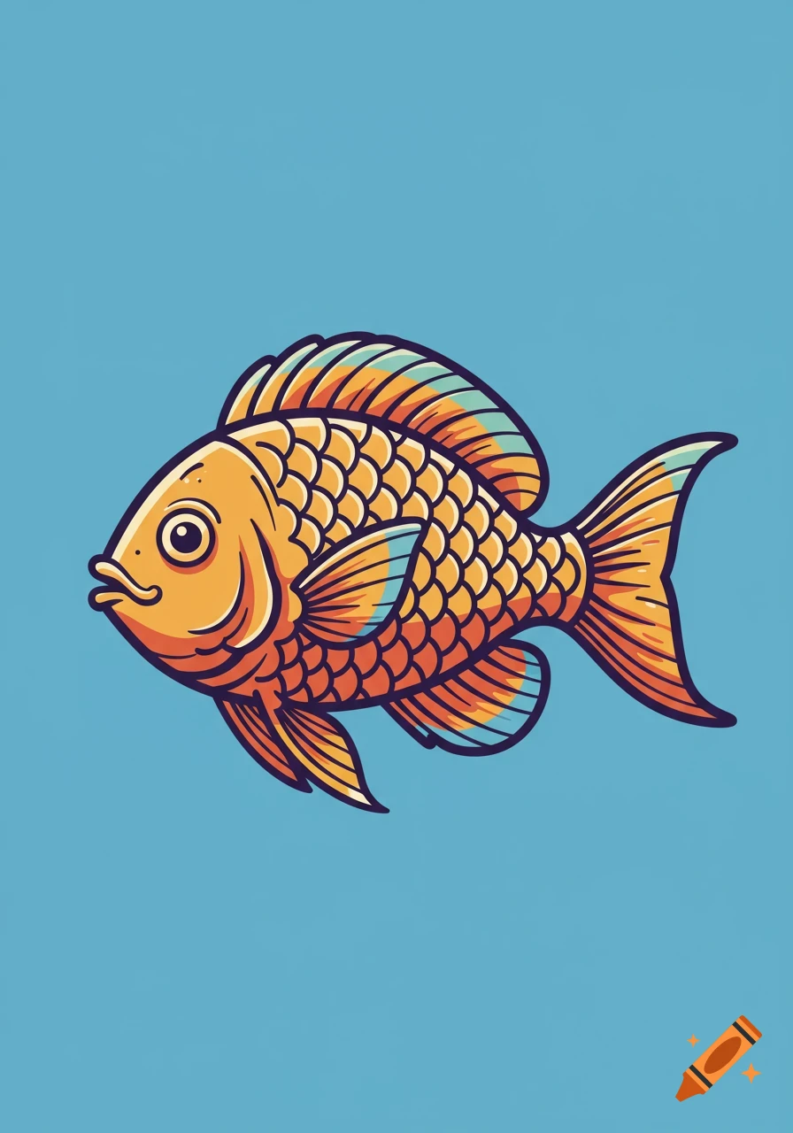 A vibrant orange fish with colorful fins, in a stylized 2D illustration on a solid blue background.