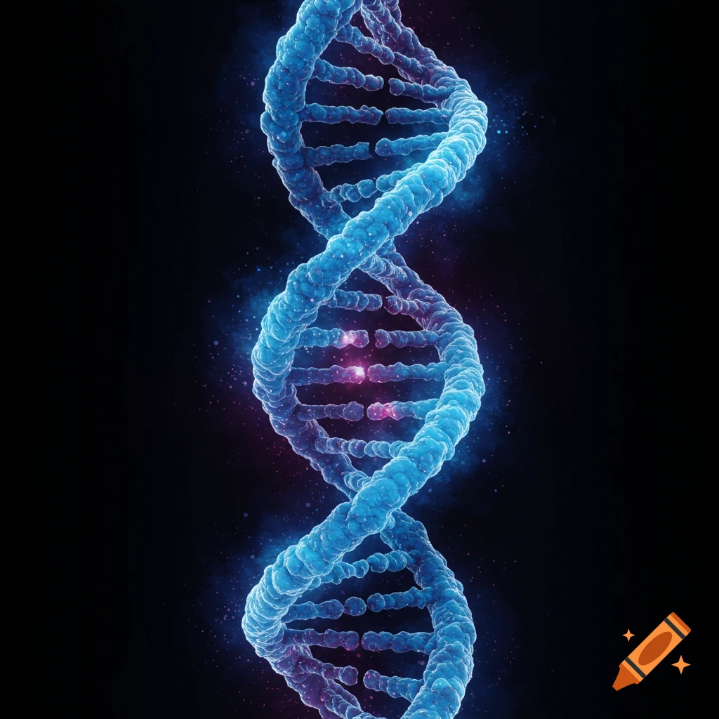 A glowing blue DNA double helix against a dark, cosmic background with shimmering particles.