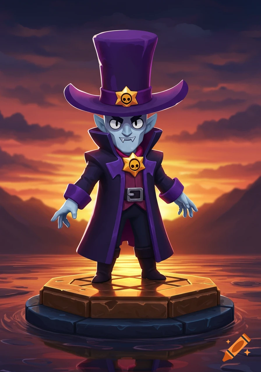 A cartoon vampire character in a purple top hat and long coat stands on a golden pedestal in water, set against a vibrant orange and purple sunset.