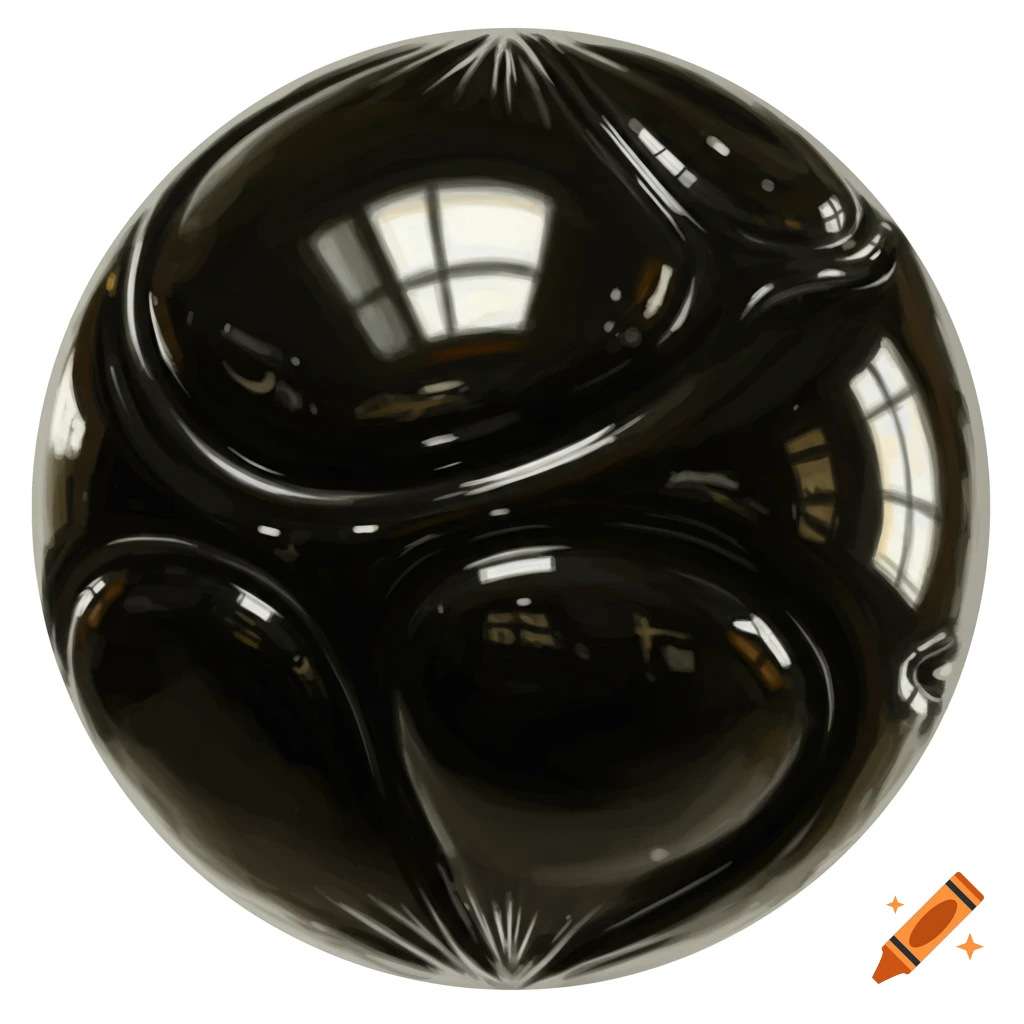A highly reflective black sphere with a wrinkled, latex-like surface, showing distorted reflections of windows.