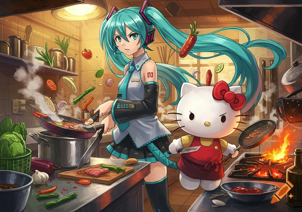 Hatsune Miku and Hello Kitty cooking in a chaotic kitchen, anime style, with ingredients flying.