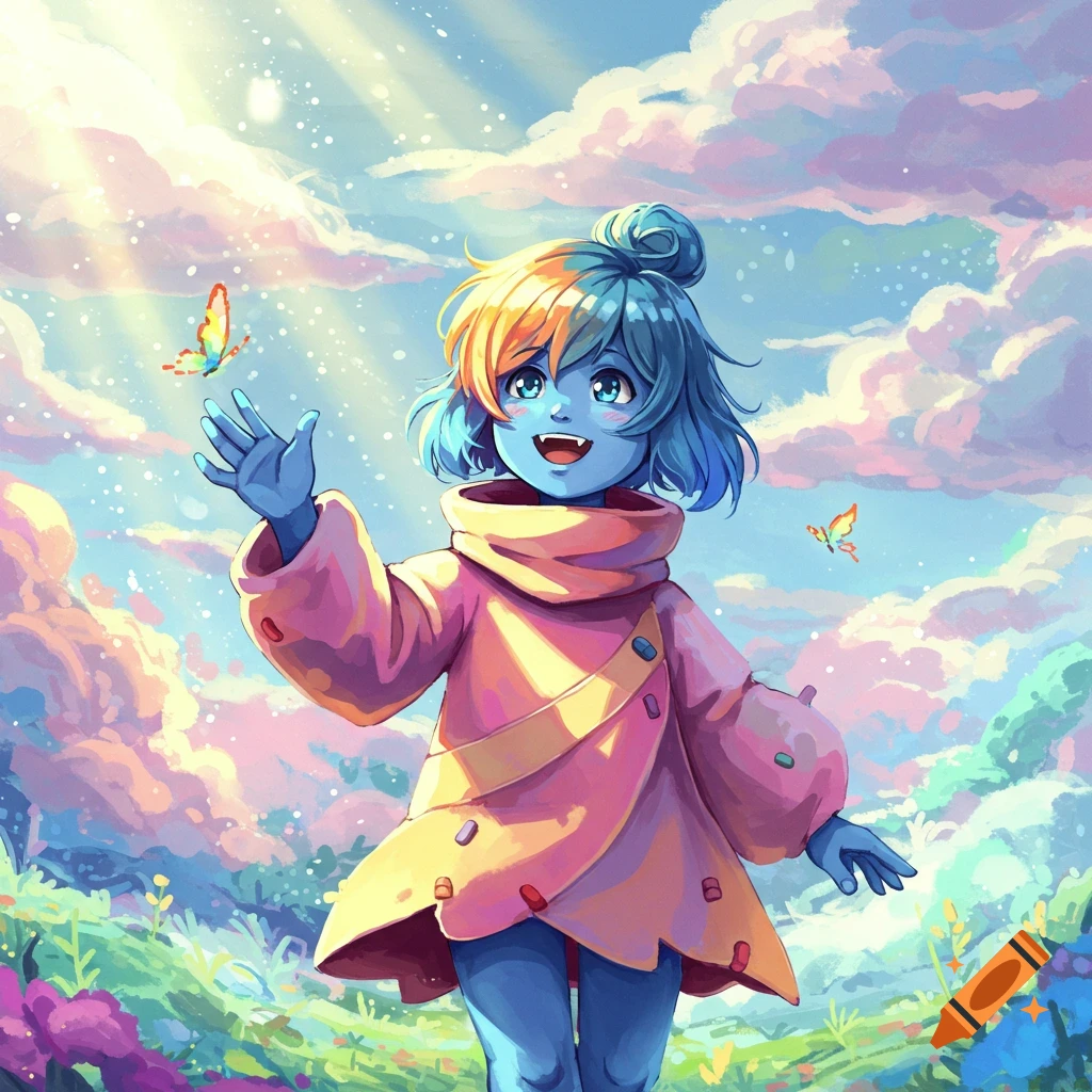 An anime character with blue skin and colorful hair waves in a vibrant fantasy landscape with butterflies.