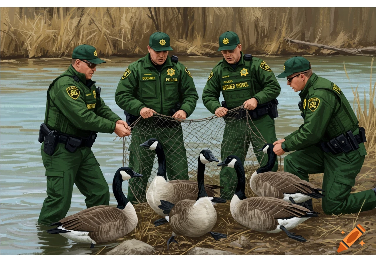 Four border patrol agents in green uniforms and hats gather Canadian geese with a net in a river or marshland.