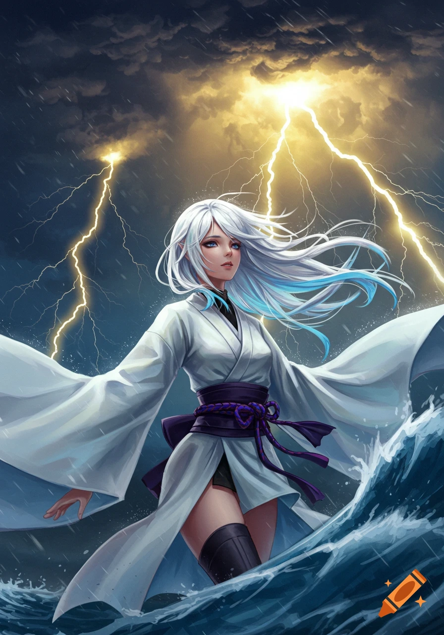 A digital art illustration of a woman with white hair and blue highlights in a white kimono, standing in stormy water with lightning striking behind her.