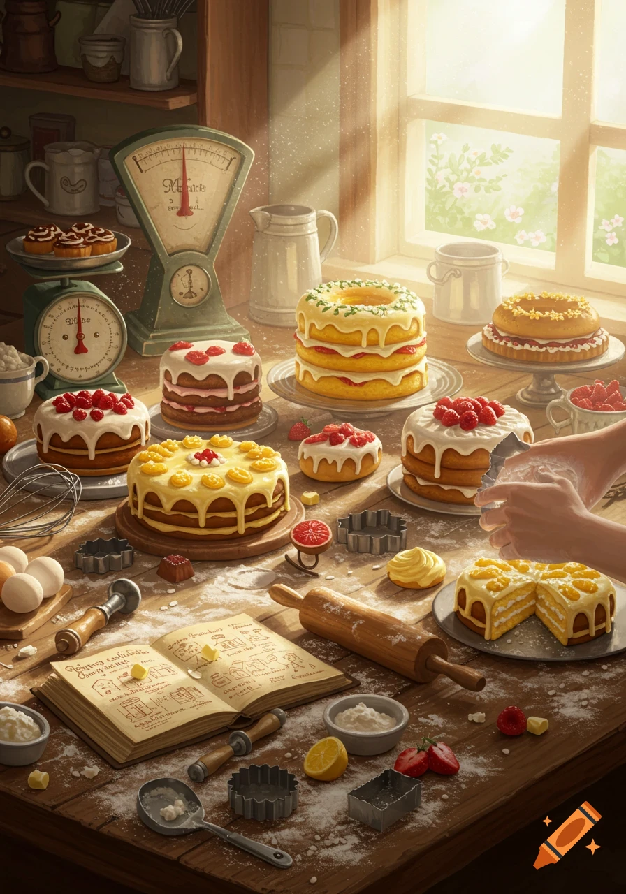 A rustic kitchen scene filled with various baked cakes, baking tools like a rolling pin and scales, eggs, and flour on a wooden table, bathed in warm sunlight from a window.