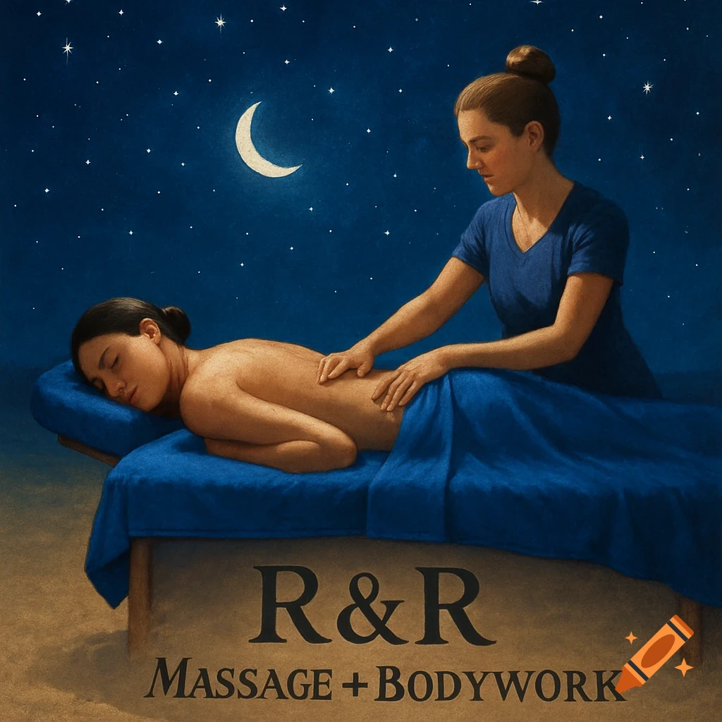 A person gives a back massage to another person lying on a table under a starry night sky with a crescent moon. Text reads 'R&R Massage + Bodywork'.