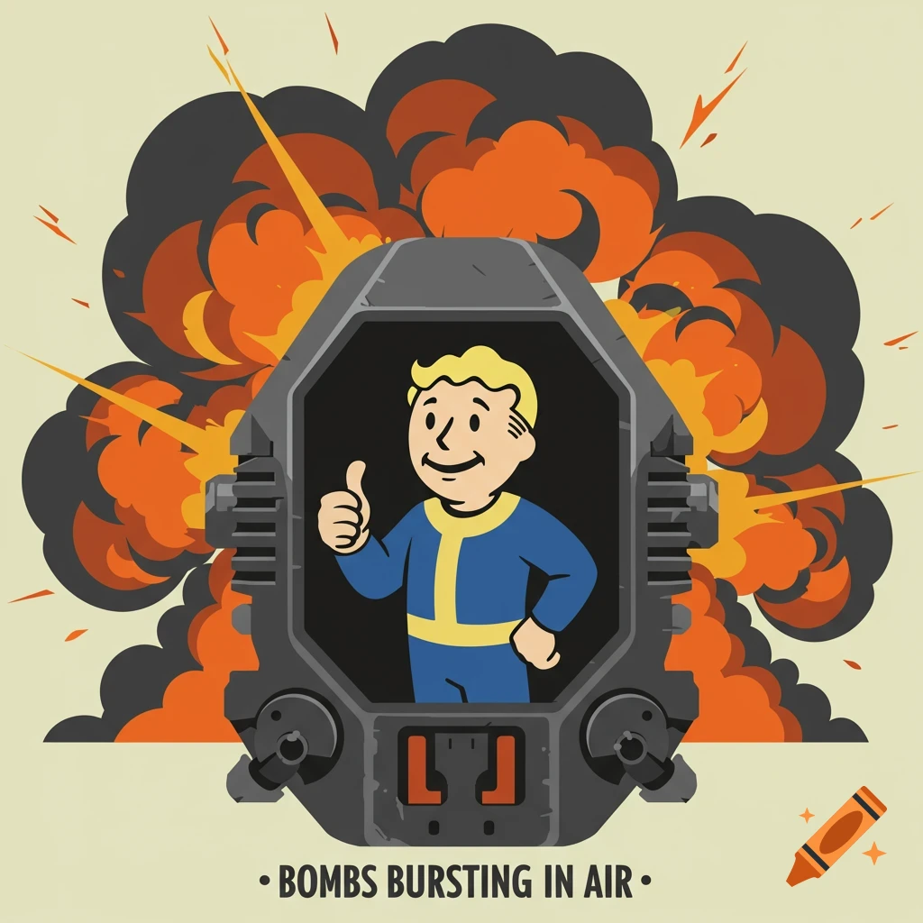 Vault Boy from Fallout gives a thumbs-up inside a structure with explosions and smoke behind him, text reads 'BOMBS BURSTING IN AIR'.