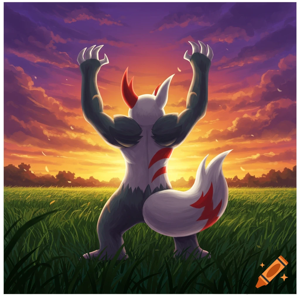 Zangoose standing in a green field with arms raised to a vibrant sunset sky, stylized.