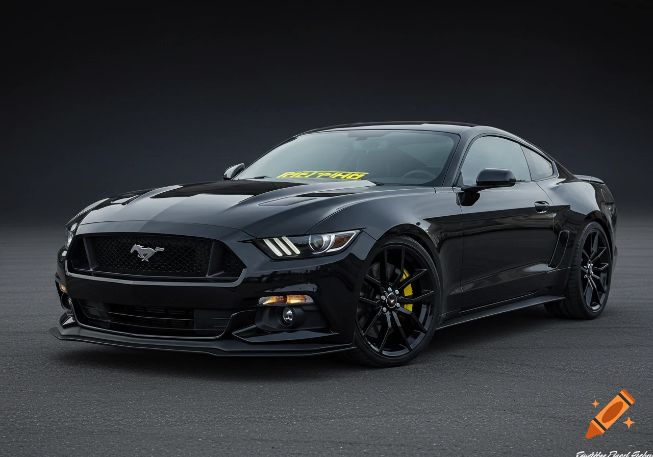 A black Ford Mustang S550 with black rims and yellow brake calipers is parked on asphalt with a dark background. Photorealistic.