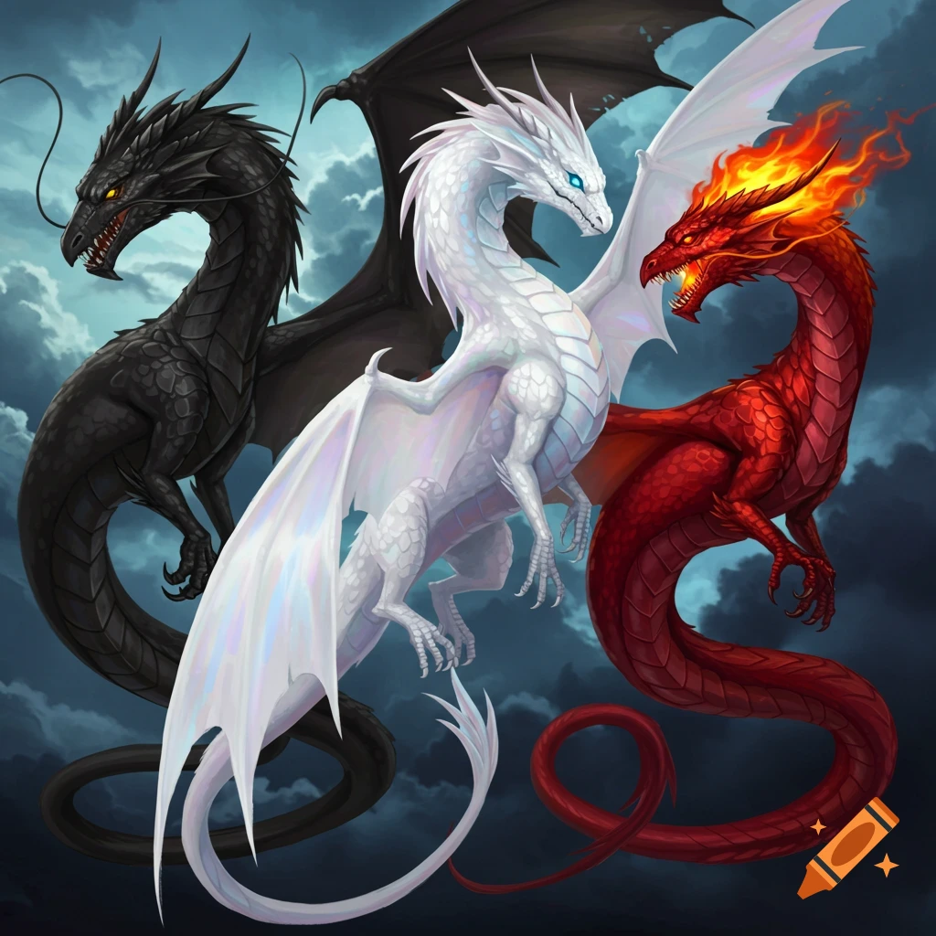 Three detailed fantasy dragons: black, white, and red with fiery head, against a dark cloudy sky.