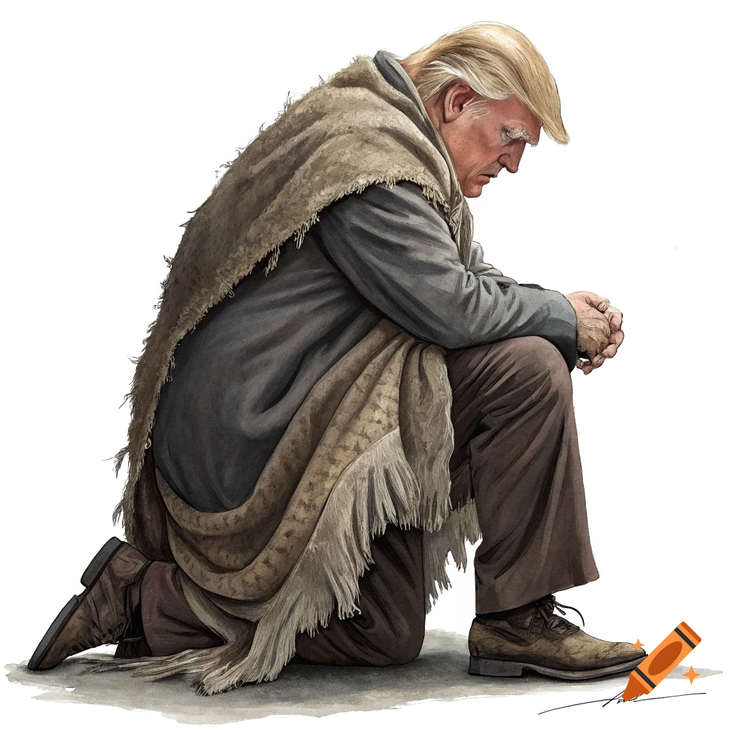 Illustration of Donald Trump kneeling, hands clasped, wearing a rough cloak and simple attire.