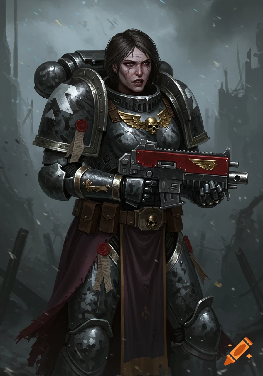 A female warrior in dark, futuristic power armor with a skull emblem on her chest holds a red and black gun, standing in a desolate, snowy landscape.