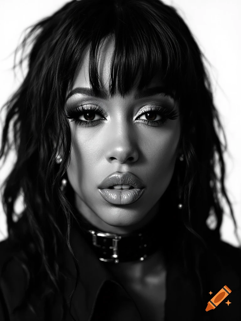 Close-up black and white portrait of a woman with dark wavy hair, bangs, dramatic eye makeup, glossy lips, and a studded choker.