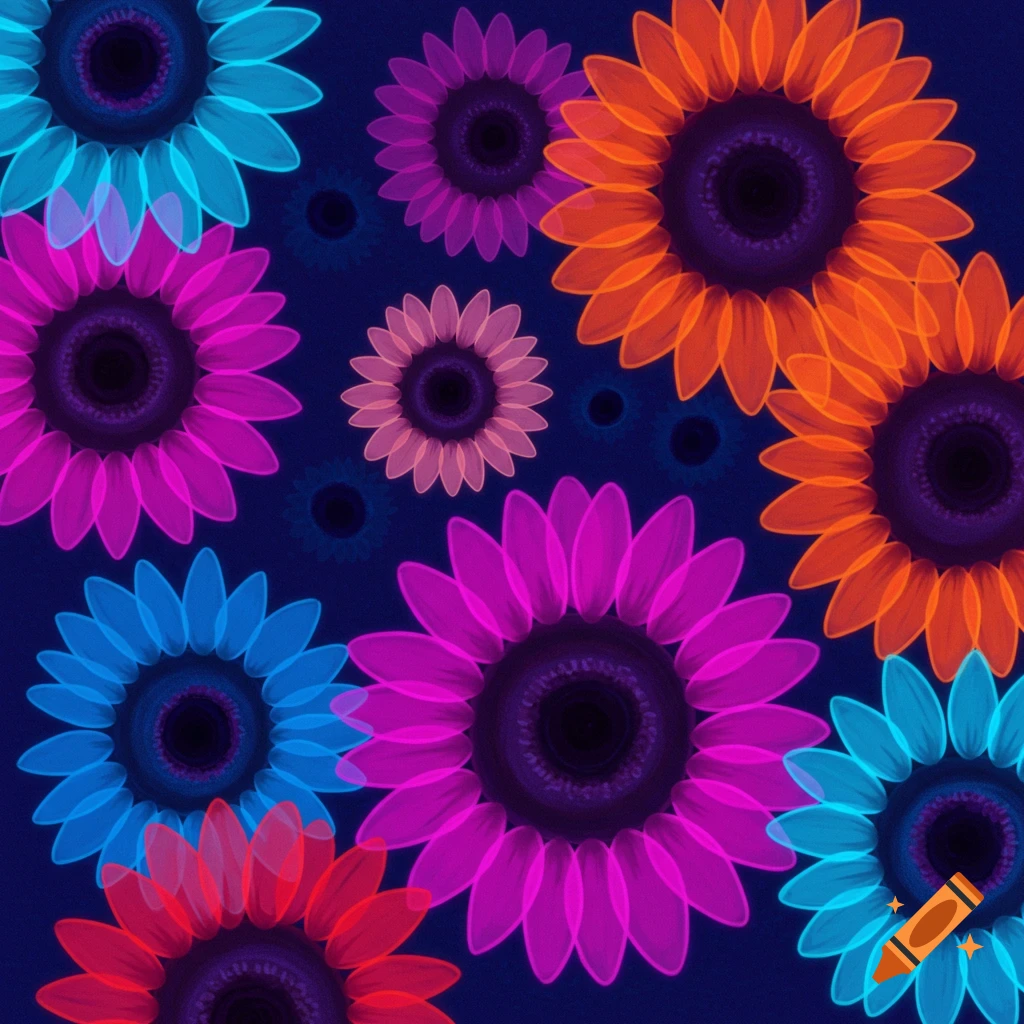 Vibrant neon translucent sunflowers in various colors against a dark background, in an abstract digital art style.