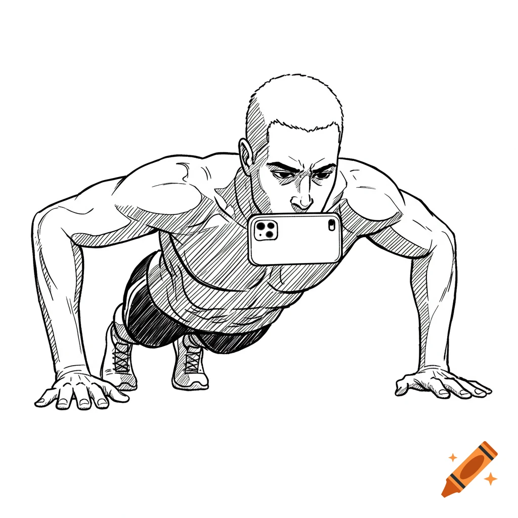 A muscular man doing a pushup, looking into a phone's front camera. Black and white outline illustration.