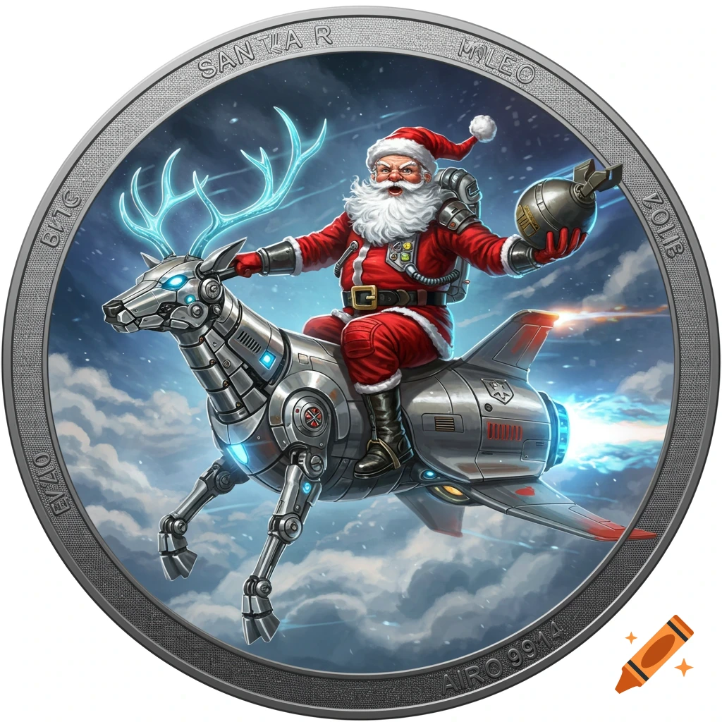 Detailed illustration of Santa Claus riding a robotic reindeer with jet engines, holding a bomb, depicted as a round challenge coin.